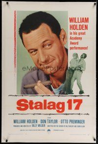 4g389 STALAG 17 linen 1sh R59 different huge c/u of William Holden, Billy Wilder WWII POW classic!