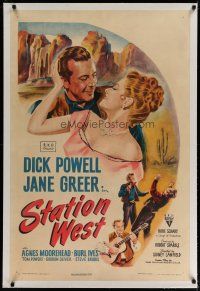 4g391b STATION WEST linen 1sh '48 cowboy Dick Powell loves Jane Greer; Burl Ives with guitar!