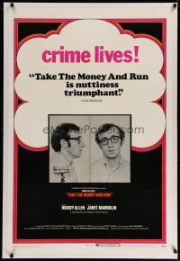 4g399 TAKE THE MONEY & RUN linen 1sh '69 wacky Woody Allen mugshot in classic mockumentary!
