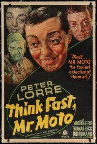4g415 THINK FAST MR. MOTO linen 1sh '37 art of Peter Lorre, the foxiest detective of them all!