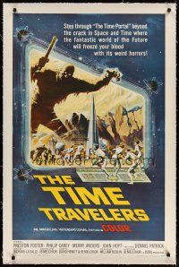 4g419 TIME TRAVELERS linen 1sh '64 cool Reynold Brown sci-fi art of the crack in space and time!