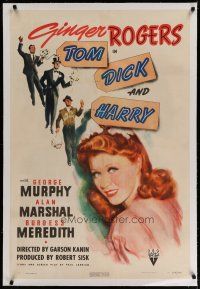 4g422 TOM, DICK & HARRY linen 1sh '41 c/u art of pretty Ginger Rogers, Murphy, Marshal & Meredith!