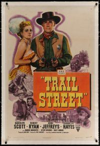 4g425 TRAIL STREET linen 1sh '47 cowboy Randolph Scott with two guns by sexy Anne Jeffreys!