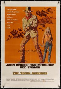 4g426 TRAIN ROBBERS linen int'l 1sh '73 great full-length art of cowboy John Wayne & Ann-Margret!
