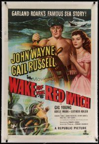 4g446 WAKE OF THE RED WITCH linen 1sh '49 art of barechested John Wayne & Gail Russell at sea!
