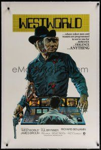 4g453 WESTWORLD linen int'l 1sh '73 Crichton, cool art of cyborg cowboy Yul Brynner by Neal Adams!