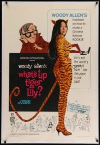 4g454 WHAT'S UP TIGER LILY linen 1sh '66 wacky Woody Allen Japanese spy spoof with dubbed dialog!