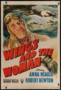 4g466 WINGS & THE WOMAN linen 1sh '42 art of Anna Neagle playing Amy Johnson, famous female aviator!