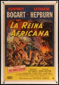 4h231 AFRICAN QUEEN linen Argentinean '52 cool montage art of Humphrey Bogart & Katharine Hepburn!