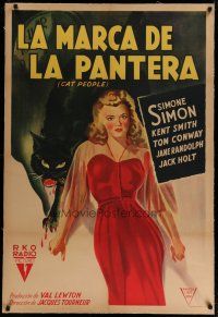 4h233 CAT PEOPLE linen Argentinean '42 Val Lewton, different art of sexy Simone Simon by bloody cat!