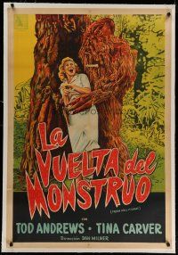 4h240 FROM HELL IT CAME linen Argentinean '57 art of wacky tree monster holding terrified girl!