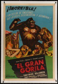 4h247 MIGHTY JOE YOUNG linen Argentinean R50s 1st Harryhausen, art of ape rescuing girl from lions!