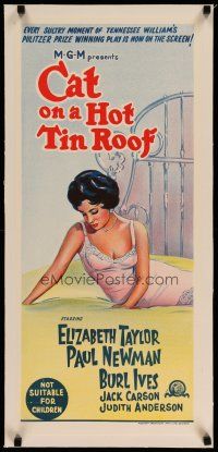 4h164 CAT ON A HOT TIN ROOF linen Aust daybill R66 art of Elizabeth Taylor in nightie on bed!