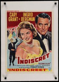 4h363 INDISCREET linen Belgian '58 art of Cary Grant & Ingrid Bergman, directed by Stanley Donen!