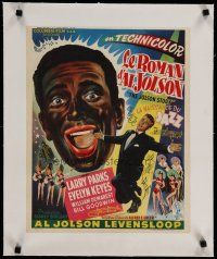 4h365 JOLSON STORY linen Belgian '47 different art of Larry Parks in tux + close up in blackface!