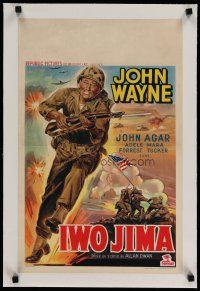 4h377 SANDS OF IWO JIMA linen Belgian '50 great artwork of World War II Marine John Wayne!