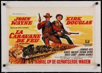 4h390 WAR WAGON linen Belgian '67 great different art of cowboys John Wayne & Kirk Douglas!
