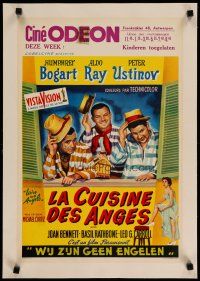 4h391 WE'RE NO ANGELS linen Belgian R60s art of Bogart, Aldo Ray & Peter Ustinov tipping their hats!