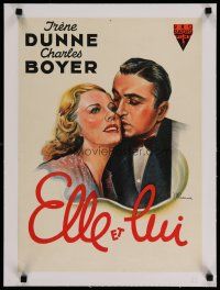 4h156 LOVE AFFAIR linen French 15x21 '39 romantic art of Irene Dunne & Charles Boyer by Poissonnie!
