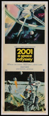 4h061 2001: A SPACE ODYSSEY linen insert '68 Kubrick, space wheel & astronauts art by McCall!