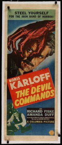 4h062 DEVIL COMMANDS linen insert '41 cool art of Boris Karloff & the iron hand of horror!