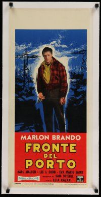 4h275 ON THE WATERFRONT linen Italian locandina R60 Kazan, full-length art of Marlon Brando w/gun!