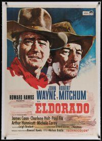 4h317 EL DORADO linen Spanish '67 best different art of John Wayne & Robert Mitchum, Howard Hawks