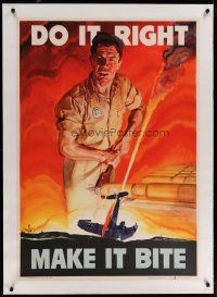 4h046 DO IT RIGHT MAKE IT BITE linen 28x40 WWII war poster '42 Beall art of crashed plane & worker!