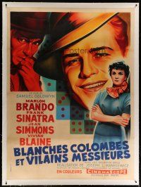 4j175 GUYS & DOLLS linen French 1p '55 different art of Marlon Brando, Jean Simmons & Frank Sinatra