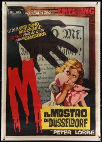 4j213 M linen Italian 1p '60 Fritz Lang, different Manno art of little girl & menacing shadow!