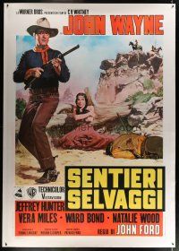 4j194 SEARCHERS linen Italian 2p R71 Serafini art of John Wayne with rifle & sexy Natalie Wood!