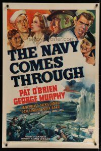 4j100 NAVY COMES THROUGH 1sh '42 sailors Pat O'Brien, George Murphy, Desi Arnaz, cool WWII art!