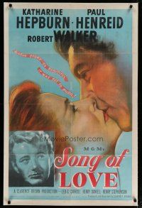 4j104 SONG OF LOVE 1sh '47 art of Katharine Hepburn & Paul Henreid kissing + Robert Walker!