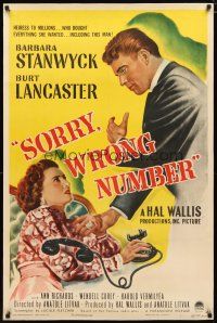 4j105 SORRY WRONG NUMBER 1sh '48 art of Burt Lancaster about to backhand Barbara Stanwyck!
