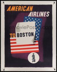 4j132 AMERICAN AIRLINES BOSTON linen travel poster '53 cool flag art by Edward McKnight Kauffer!