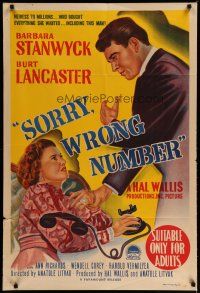 4k173 SORRY WRONG NUMBER Aust 1sh '48 art of Burt Lancaster giving Barbara Stanwyck the backhand!