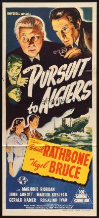 4k154 PURSUIT TO ALGIERS Aust daybill '45 stone litho of Basil Rathbone as Sherlock Holmes!