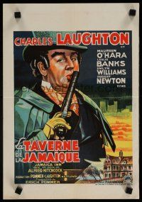 4k362 JAMAICA INN mapback Belgian '40s Alfred Hitchcock, different art of Charles Laughton with gun!