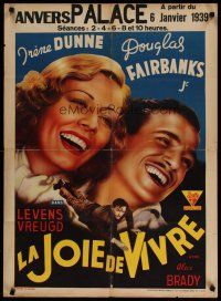 4k363 JOY OF LIVING pre-War Belgian '39 art of Broadway star Irene Dunne & Douglas Fairbanks Jr.!