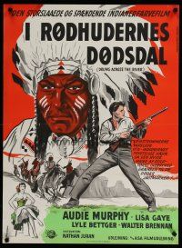 4k404 DRUMS ACROSS THE RIVER Danish '54 cool Wenzel art of Audie Murphy & Native American Indian!