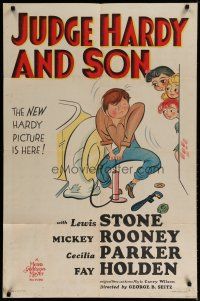 4k046 JUDGE HARDY & SON style C 1sh '39art of Mickey Rooney as Andy Hardy fixing flat w/sexy girls!