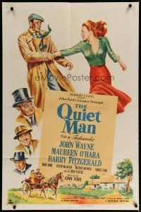 4k051 QUIET MAN 1sh '51 great art of John Wayne & sexy Maureen O'Hara, John Ford classic!