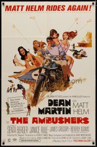 4m038 AMBUSHERS 1sh '67 art of Dean Martin as Matt Helm with sexy Slaygirls on motorcycle!