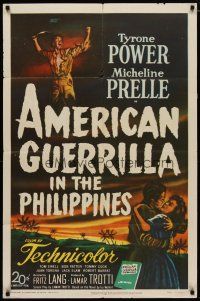 4m040 AMERICAN GUERRILLA IN THE PHILIPPINES 1sh '50 art of Tyrone Power & Micheline Prelle!