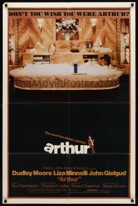 4m060 ARTHUR int'l 1sh '81 image of drunken Dudley Moore in huge bath w/martini!