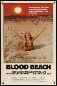 4m127 BLOOD BEACH 1sh '80 classic Jaws parody image of sexy girl in bikini sinking in quicksand!