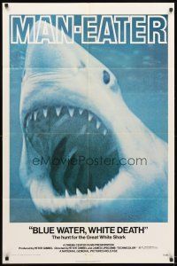 4m131 BLUE WATER, WHITE DEATH 1sh '71 cool super close image of great white shark with open mouth!