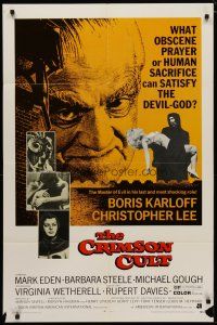 4m220 CRIMSON CULT 1sh '70 Boris Karloff, Christopher Lee, what can satisfy the devil-god?