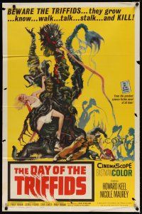 4m232 DAY OF THE TRIFFIDS 1sh '62 classic English sci-fi horror, cool art of monster with girl!