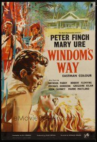 4m981 WINDOM'S WAY English 1sh '58 romantic artwork of Peter Finch & Mary Ure in the jungle!
